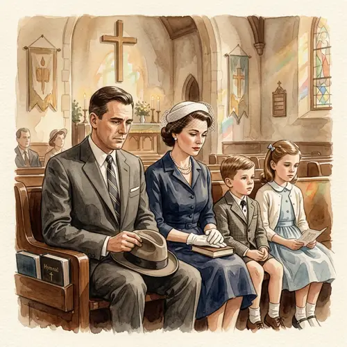 Vintage Mid-Century American Family in Church Watercolors