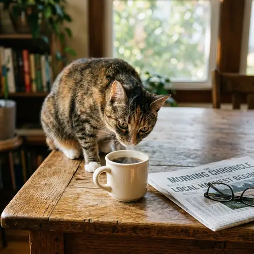 Curious Cat Coffee Scene | Morning Newspaper & Glasses