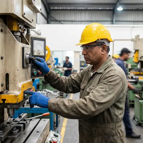 Experienced South Asian Factory Worker Operating Industrial Machinery