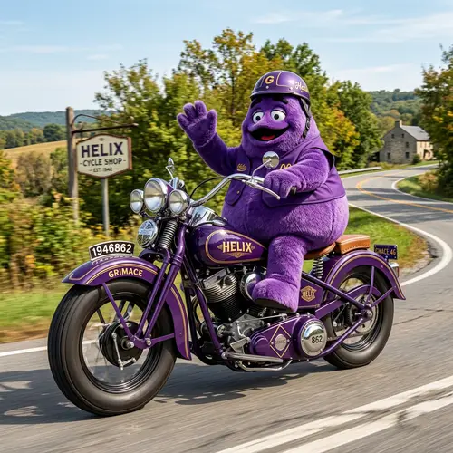 Grimmace on a Helix Motorcycle
