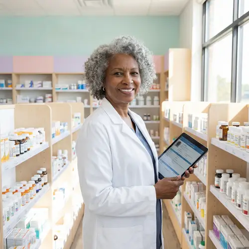 Smiling Elderly Black Pharmacist in Pharmacy