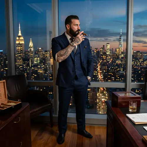 Sophisticated Italian Man in NYC Penthouse Office