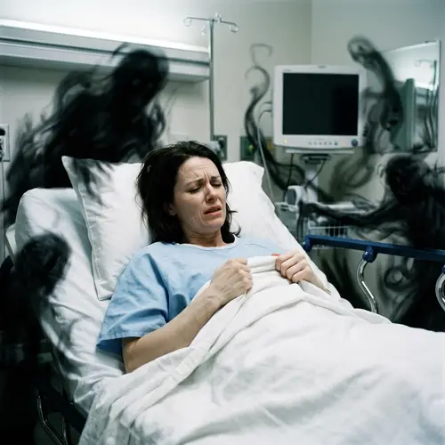 Sick Woman in Hospital Bed Surrounded by Shadows