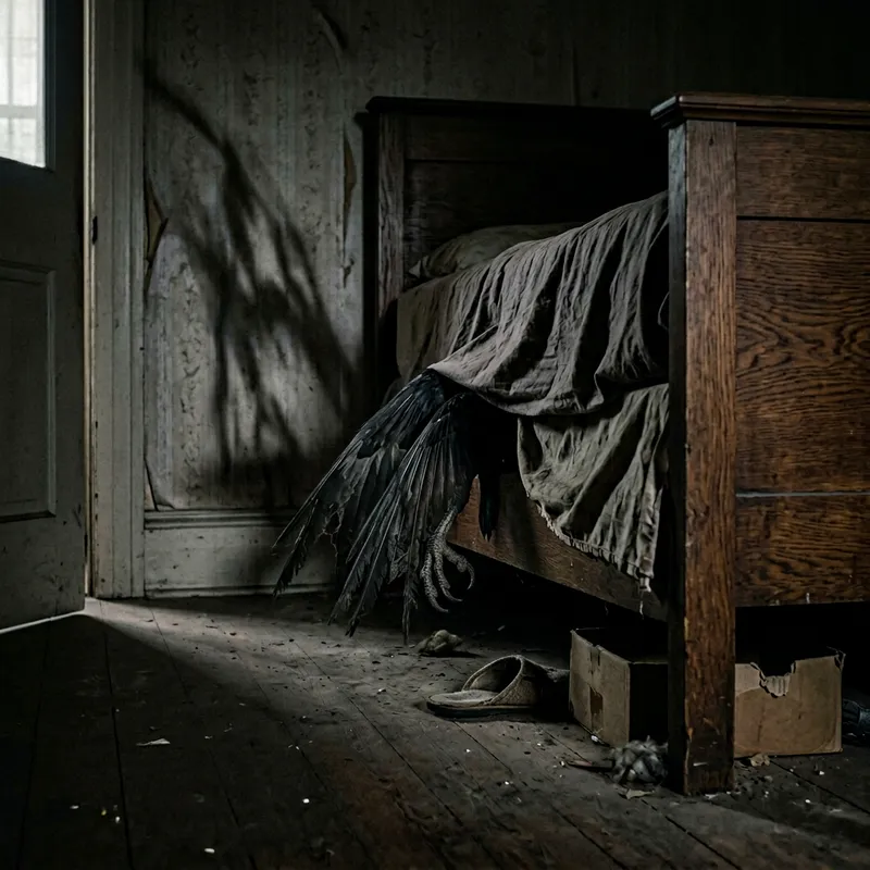 Haunting Bird Wings Under Bed - Hyperrealistic Image Haunting Bird Wings Under Bed - Hyperrealistic Image