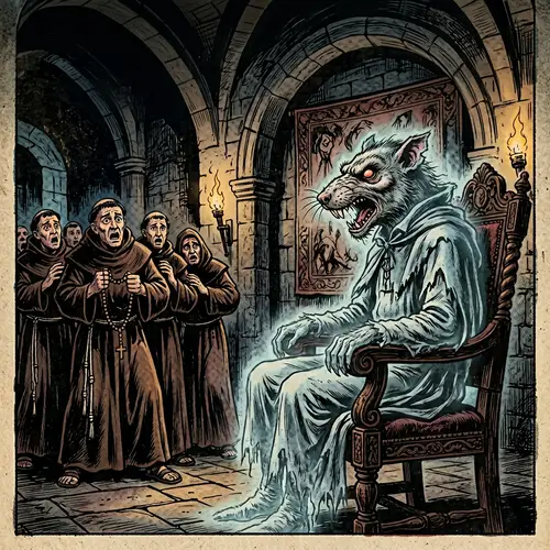 Ghostly Spirit in Antique Armchair Amid Frightened Friars