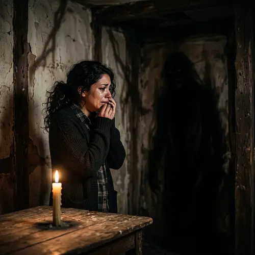 Hispanic Woman Confronting Sinister Entity in Chilling Scene