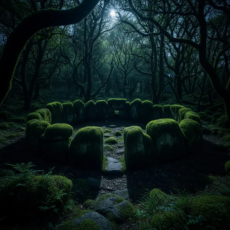 Moss-Covered Stone Circle in a Mysterious Forest