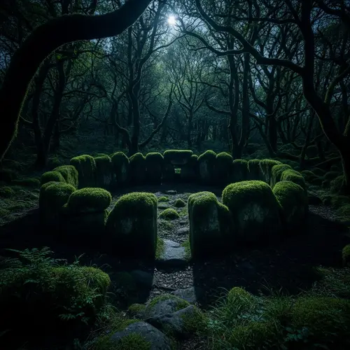 Moss-Covered Stone Circle in a Mysterious Forest