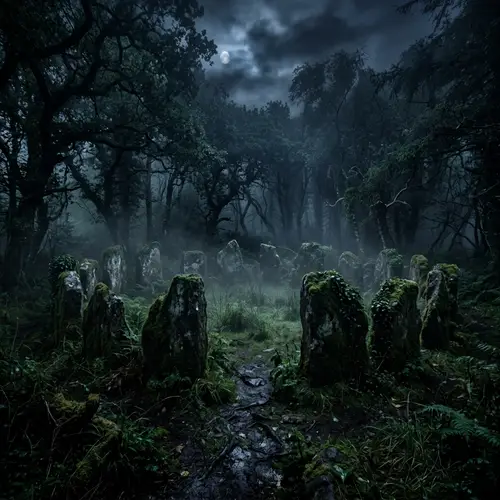 Moss-Covered Stone Circle in a Mysterious Forest