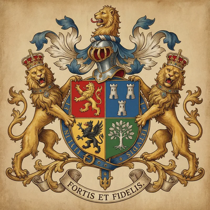 Noble Family Crest with Lions and Heraldic Designs
