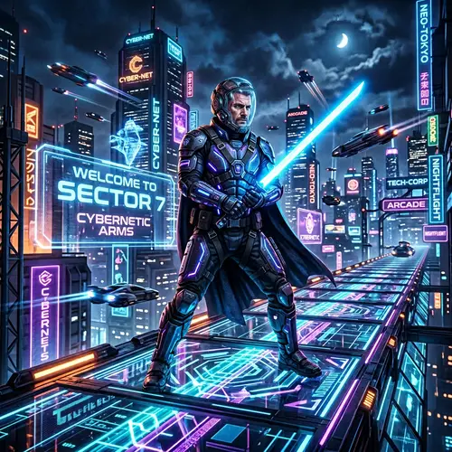 Futuristic Swordsman in High-Tech Suit | Urban Digital Art