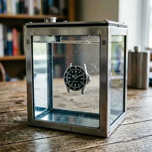 Metal and Glass Box with Water and Wristwatch