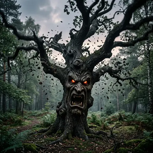 Angry Tree with Knotted Bark Face in Windstorm