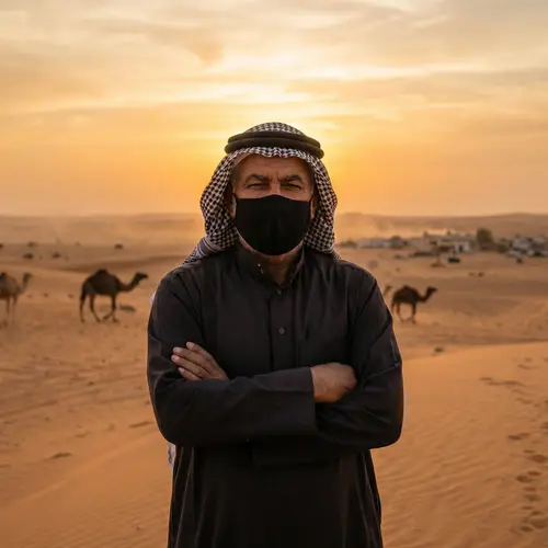 Arabic Man in Traditional Garment and Face Mask | Desert Sunset