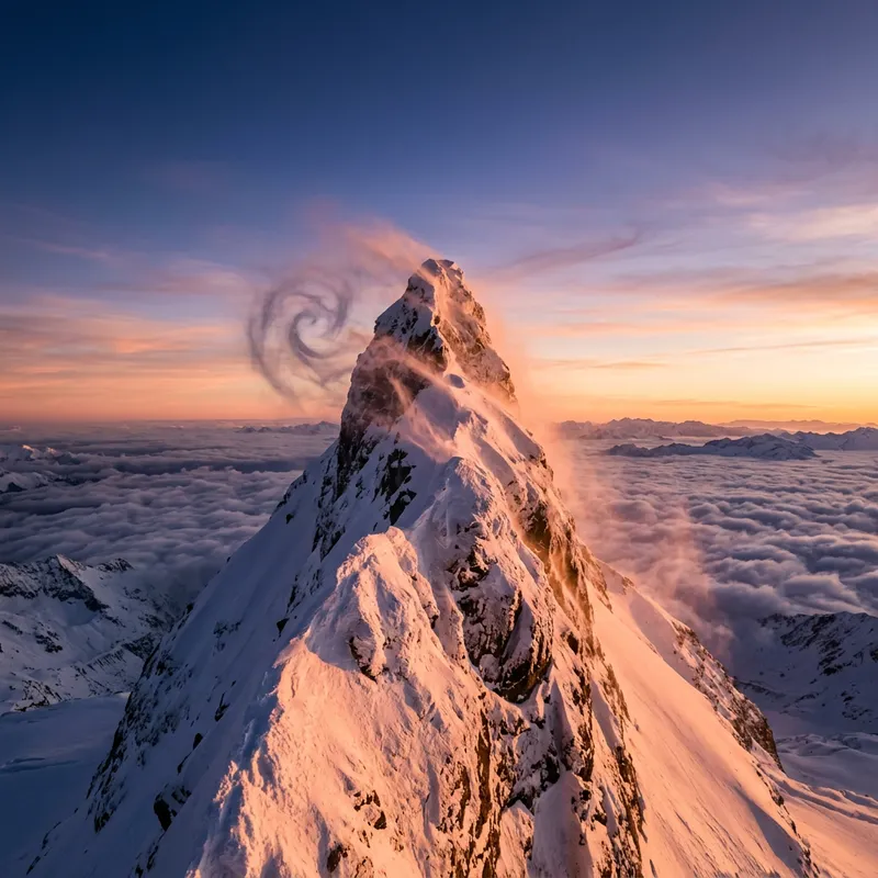Majestic Snow-Covered Mountain Summit at Sunset - فقمة Majestic Snow-Covered Mountain Summit at Sunset - فقمة