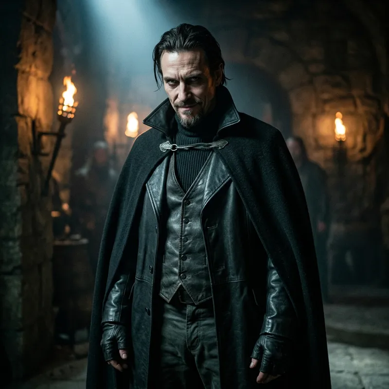 Sinister Villain Character in Dark Attire Sinister Villain Character in Dark Attire