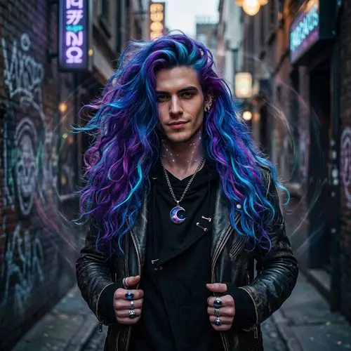 Young Man with Vibrant Blue and Purple Hair - Cosmic Power Archetype