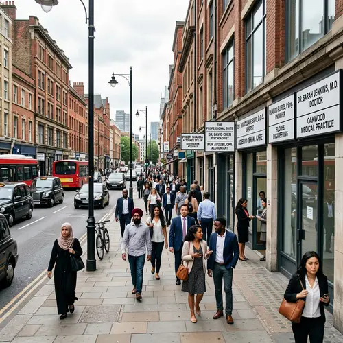 Diverse Professional Establishments on a Busy City Street