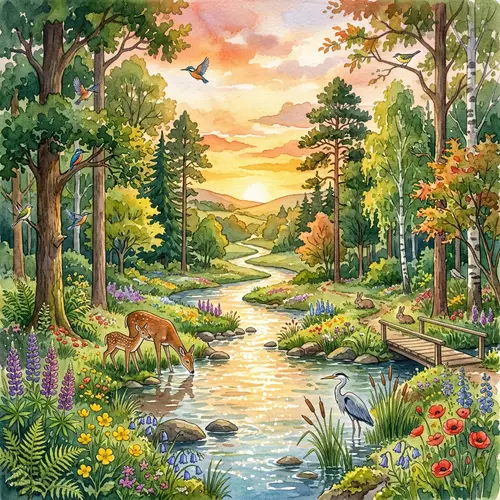 Nature Watercolor Painting: Lush Forest & Sparkling Stream