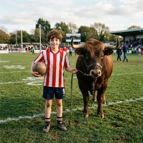 Boy with Blue Eyes on Football Field with Bull