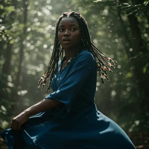 African Woman Spinning in Dark Forest