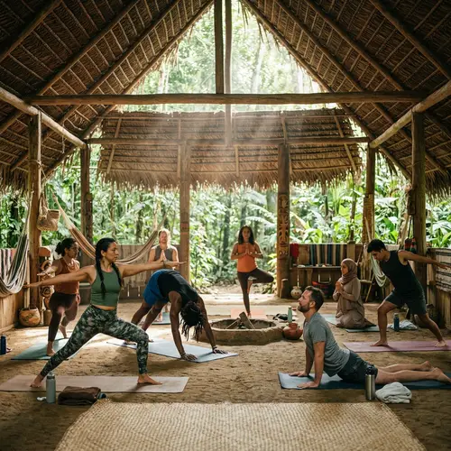 Diverse Group Yoga Session in Traditional South American Maloca