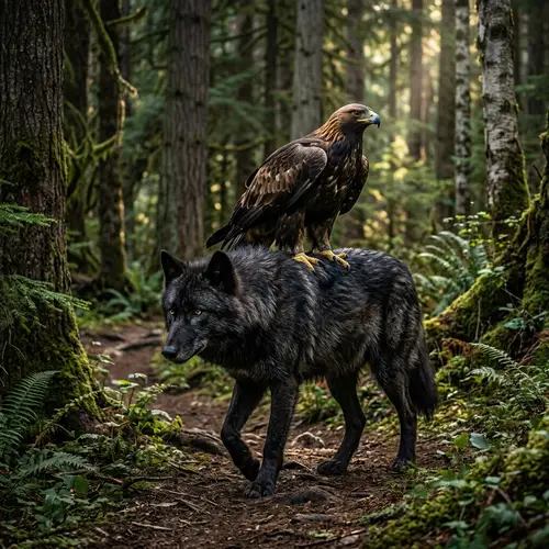 Power Animals: Black Wolf in Forest with Golden Eagle