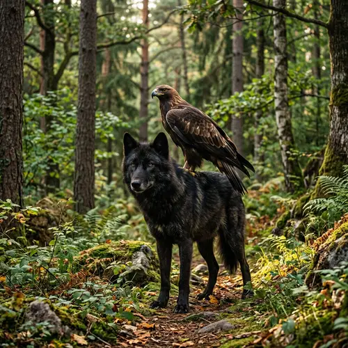 Black Wolf and Golden Eagle in Forest