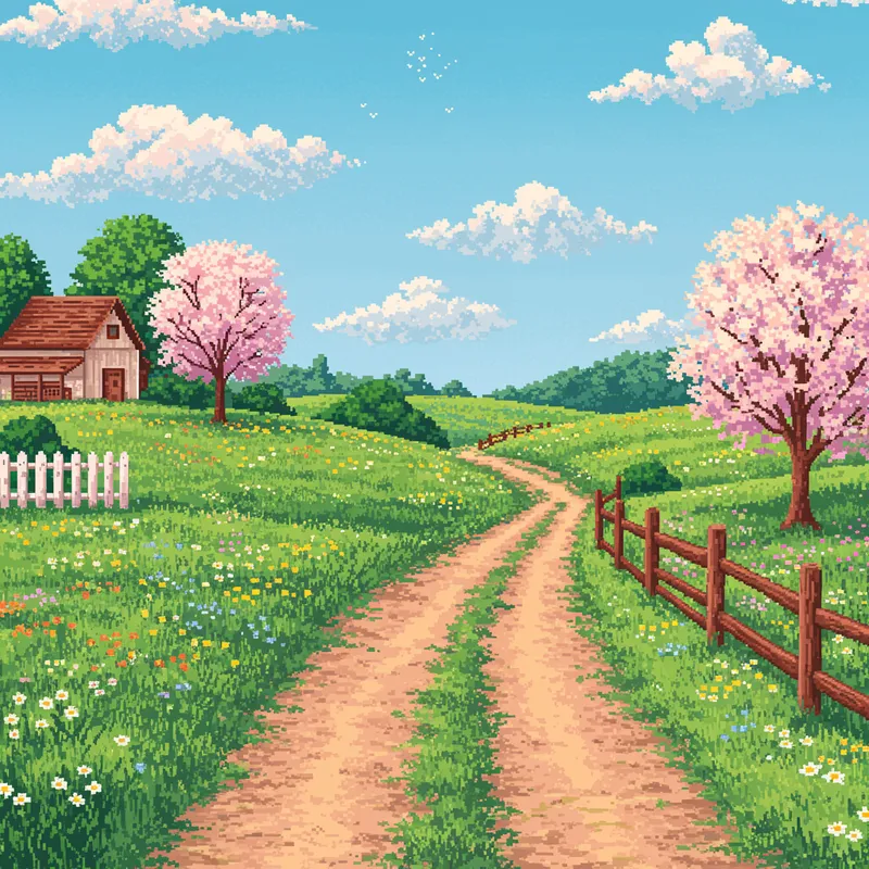 Dot Pixel Art: Early Summer Rural Scene