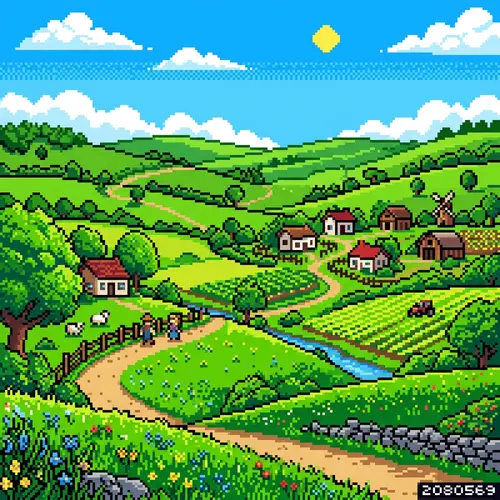 Dot Pixel Art: Early Summer Rural Scene