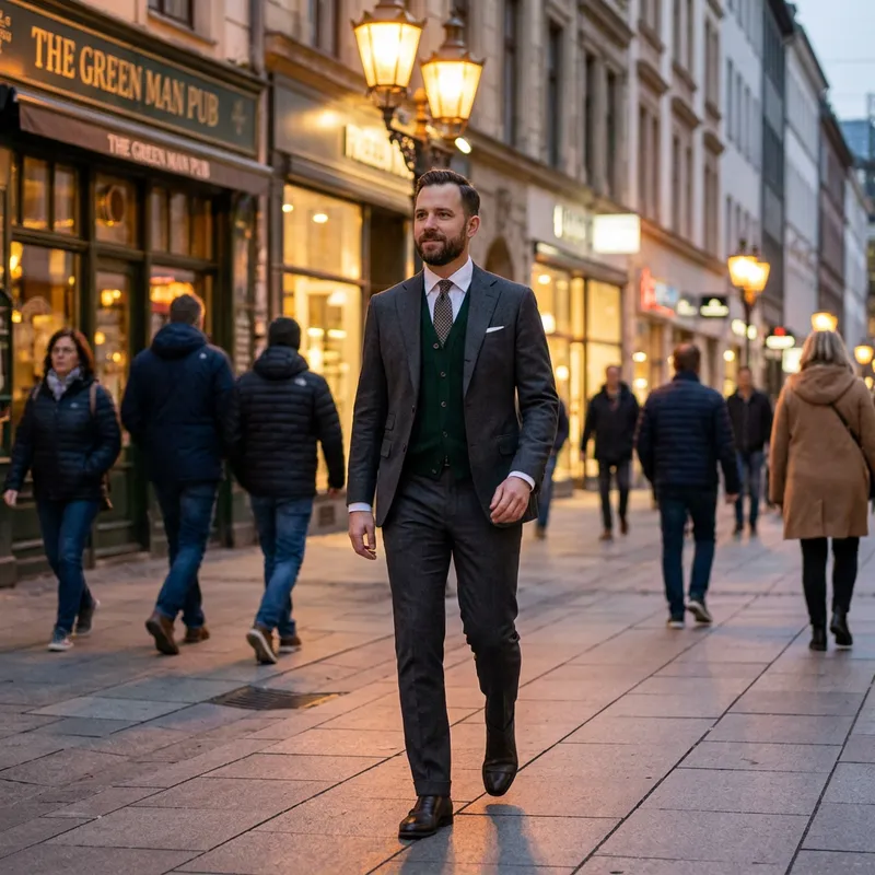 Stylish Man in Green Vest Strolling Downtown Stylish Man in Green Vest Strolling Downtown