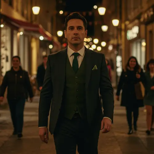 Stylish Man in Green Vest Strolling Downtown