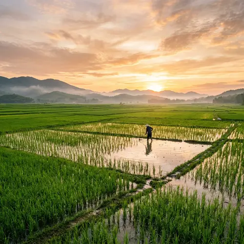 Serene Beauty of Lush Green Rice Fields at Dawn