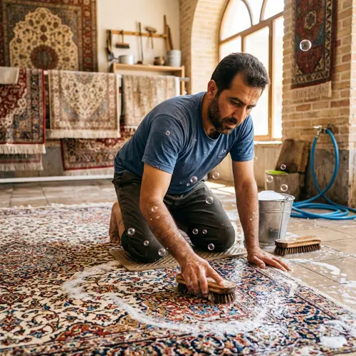 Iranian Man Cleaning Persian Rug in Brightly Lit Room