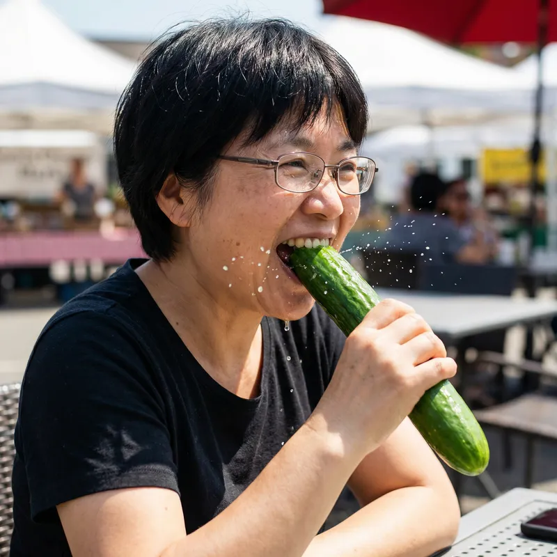 Realistic Photo of Asian Woman Sucking on Zucchini with Juicy Face