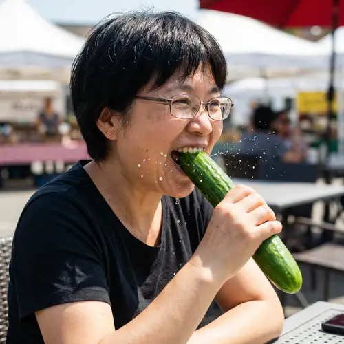 East Asian Woman Eating Juicy Cucumber