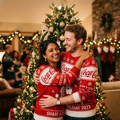 Festive Holiday Image: South-Asian Woman & French Man Sharing Warm Hug