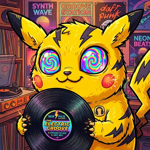 Anime-inspired Pikachu Holding Vinyl Record | Digital Illustration