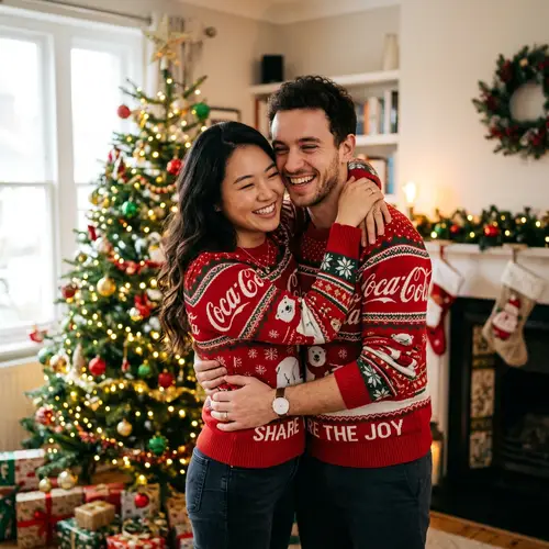 East Asian Woman and French Man in Festive Coke Sweaters Embrace by Christmas Tree