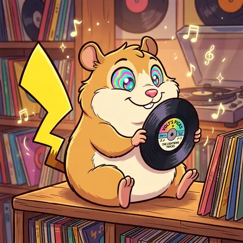 Anime Style Pikachu Holding Vinyl Record | Lively Expression
