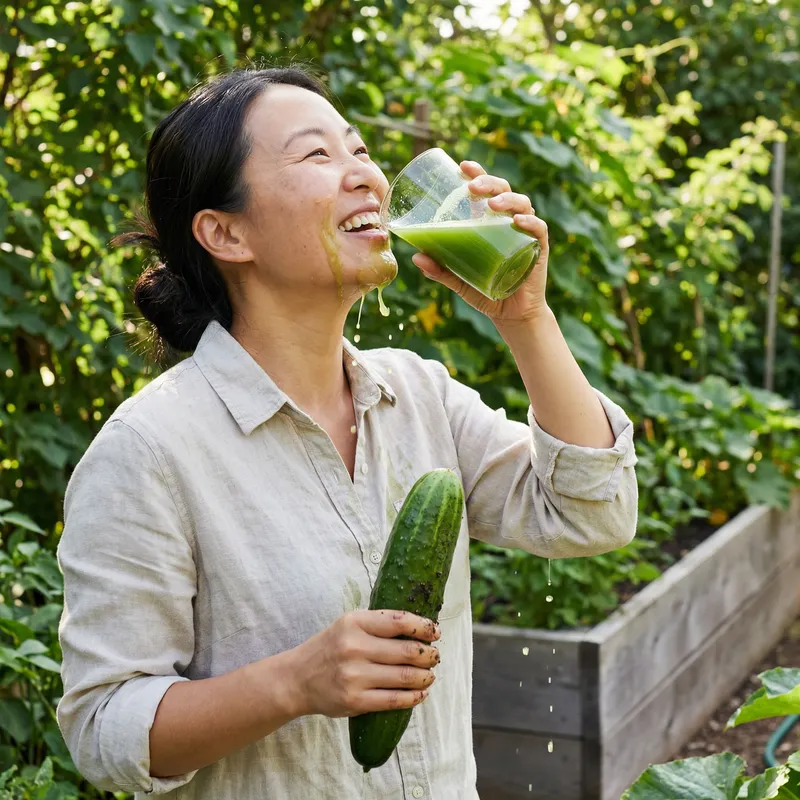 Realistic Photo: Asian Woman with Juicy Courgette, Playful Expression