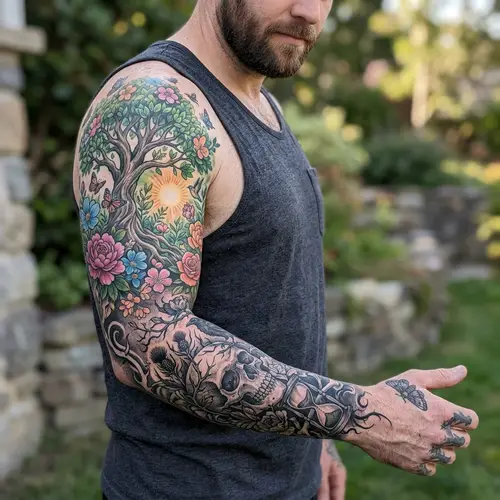 Life and Death Symbol Tattoo for Left Arm: Vibrant Blooms to Dark Skulls