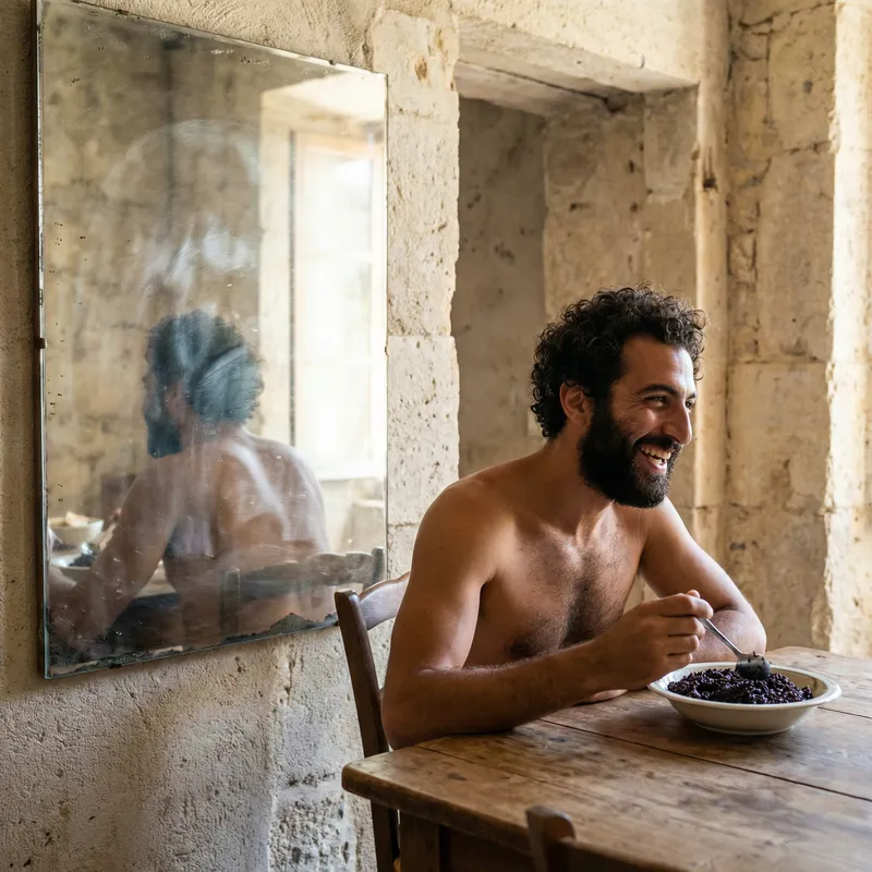 Man Eating Black Rice with Reflection in Mirror