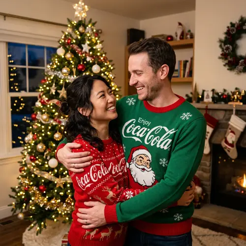 East Asian Woman Hugging Caucasian Man | Coca-Cola Sweaters