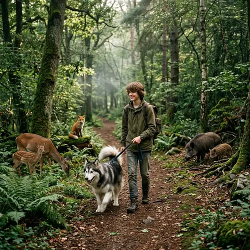 Serene Forest Life: Teenager and Husky Dog in Enchanted Woodland
