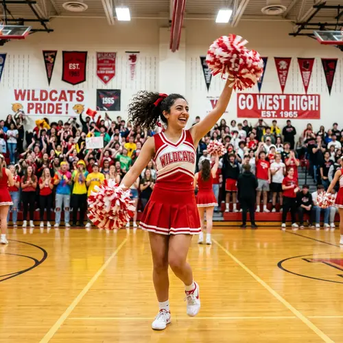 Vibrant Middle-Eastern Cheerleader with Pom-Poms in Gymnasium