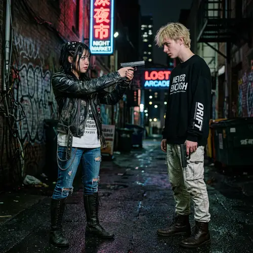 Asian Teenage Girl Holding Gun - Dramatic Scene with Boy | Website Name