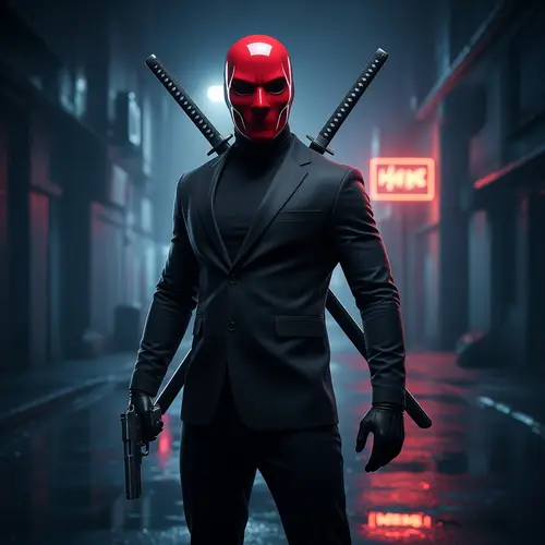 Black Suit with Red Mask and Weapons