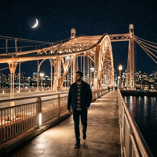 South Asian Male Strolling on Illuminated Bridge at Night