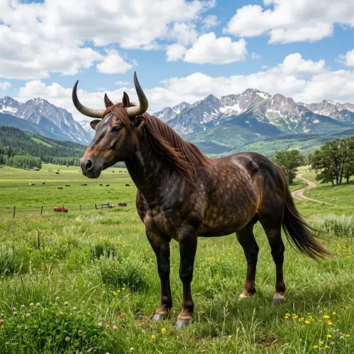 Majestic Bull-Horse Hybrid Creature in Lush Pasture
